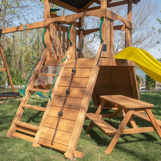 Backyard Discovery Endeavor II Cedar Wood Swing Set with Wave Slide, Play Deck, Double Rock Wall, Picnic Table, Climbing Wall, Belt Swings, Web Swing, Toy Telescope, Step Ladder, Outdoor Playset