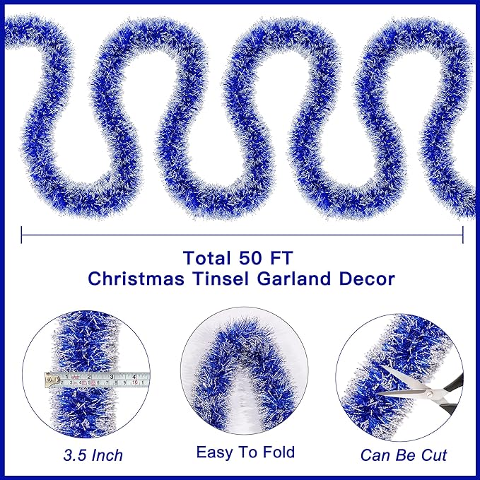 50FT Blue White Christmas Tinsel Garland Metallic Twist Shiny Christmas Tree Decorations, Xmas Holiday Hanging Garland for Home Mantle Stair Indoor Outdoor Holiday Decor Party Supplies - Blue White