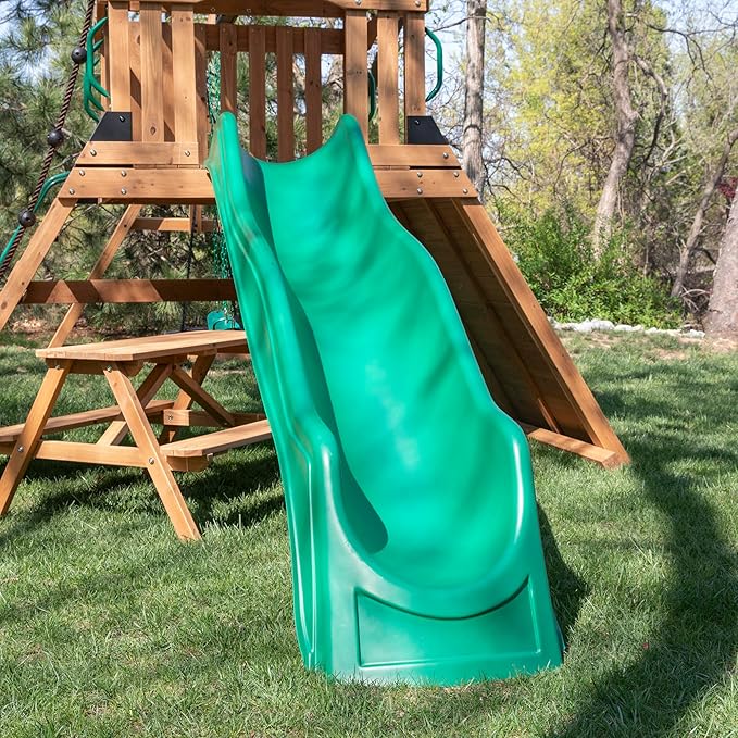 Backyard Discovery Endeavor II Cedar Wood Swing Set with Wave Slide, Play Deck, Double Rock Wall, Picnic Table, Climbing Wall, Belt Swings, Web Swing, Toy Telescope, Step Ladder, Outdoor Playset