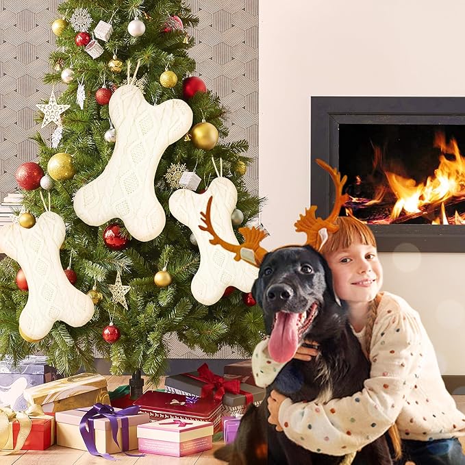 Dog Christmas Stocking, Knit White Christmas Stocking for Dogs, Bone Shape Dog Stocking Christmas Large Pet Stockings Hanging Dog Christmas Stocking for Christmas Decorations