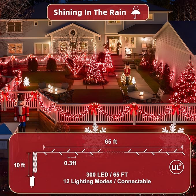 300 LED Outdoor Christmas Lights 75ft, 12 Lighting Modes Indoor String Lights Dimmable & Timer Memory, Outsite Waterproof Tree Lights for Xmas Room Garden Wedding Party Holiday Decorations Red