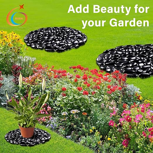 10in River Rock Stepping Stones Set - 6 Pack | Polished Pebble | Long-Lasting PVC Mesh Backing | Perfect for Garden Paths and Lawns Outdoor Landscaping Decoration | Black Circle