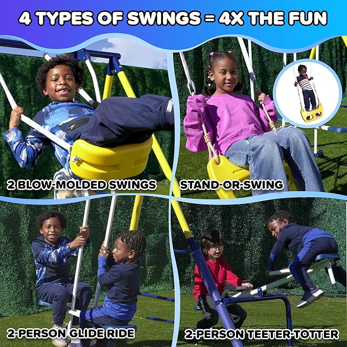 Sportspower Royal Fun Metal Swing Set for Kids Ages 3-8 with 2 Swings, Standing Swing, Glider, Teeter-Totter & 5FT Slide, Anchor Kit, 6.1FT Steel Frame, Outdoor Playground with 800 lbs Weight Capacity