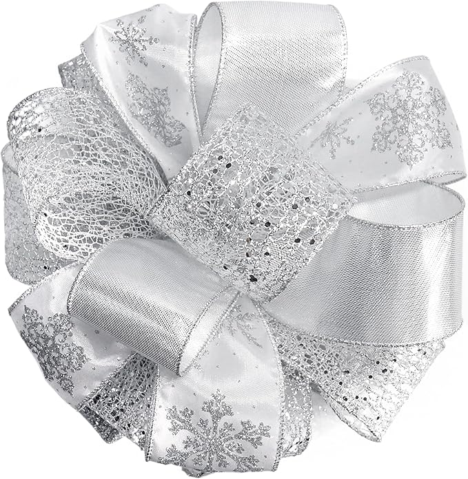 CT CRAFT LLC Sliver Snowflake Christmas Tree Topper Bow 11" with 4 Ribbon Streamers x 3 Yards Long Each for Holidy Elegant Fancy Home Décor Indoor