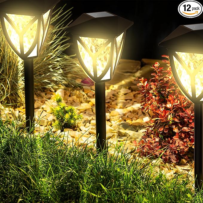 Ensenior 12-Pack Solar Lights Outdoor, 16.77" 3000K LED Solar Garden Lights for Pathway, Yard, Patio, Walkway, Planter, Waterproof, Energy-Efficient Landscape Lighting