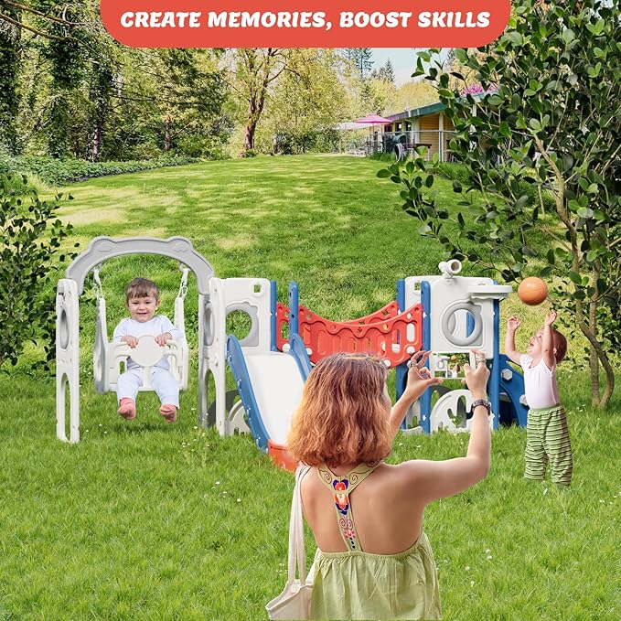 67i 10 in 1 Toddler Playground Playset with Swing Age 1-3 - Monkey Bar for Coordination, Easy Assembly, Sturdy Durable, Indoor Outdoor Birthday Gift with Basketball/Telescope (Red Blue, with Swing)
