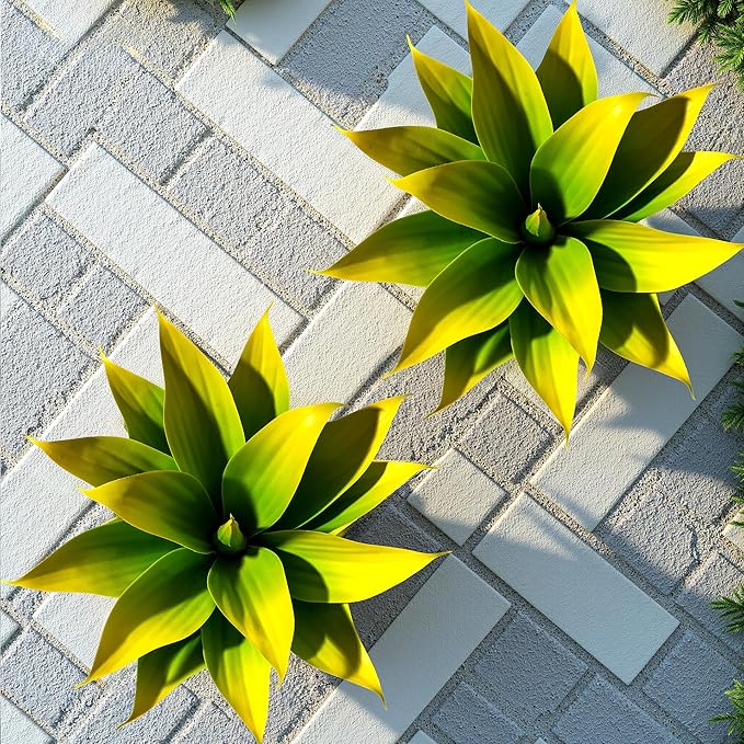 Fake Plants Artificial Agave Plants 13.8" Large UV Resistant Fake Agave Planters for Indoor and Outdoor Decorating Tropical Plant Succulents Greenery Indoor Decor (Yellow) 2Pack