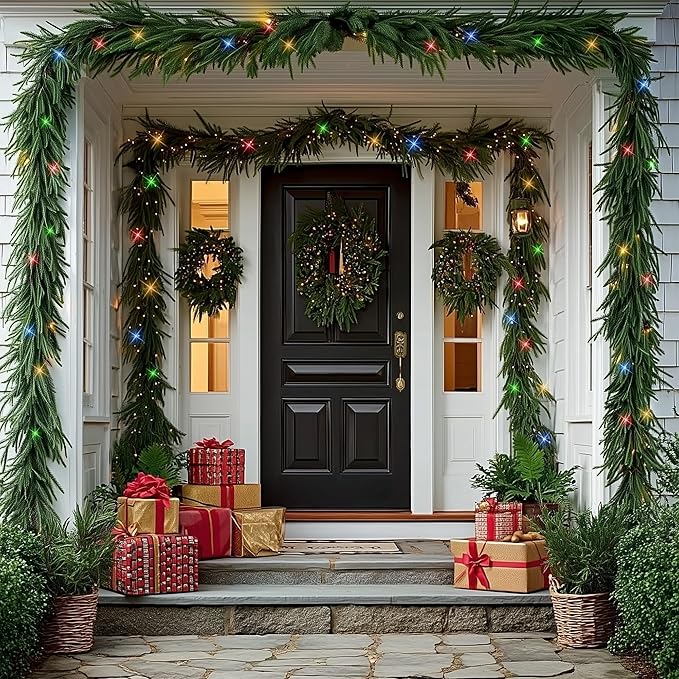 TW SHINE 9 FT Pre-Lit Christmas Garland Decorations, 50 LED Lighted Artificial Norfolk Pine Garlands with 8 Modes, Green Garland for Indoor Outdoor Table Mantle Stairs Fireplace Decor, Multi-Colored