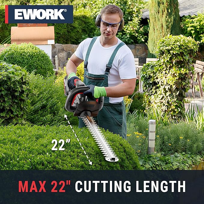 EWORK 20V 22-Inch Electric Hedge Trimmer Cordless 5/8 Cutting Capacity, Lightweight 4.3 Lbs, Battery Powered Bush Trimmer, Handheld Shrub Trimmers with Battery and Charger for Garden, Yard