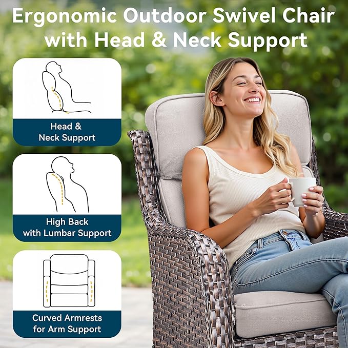 Luxury High Back Outdoor Swivel Rocker Patio Chairs with Side Table & 6-Inch Thick Cushions, 2 Pieces Patio Furniture Set for Porch, Balcony, Deck and Yard