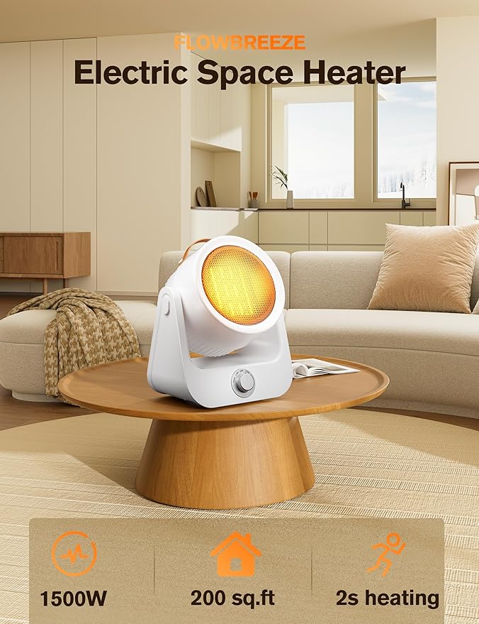 Electric Space Heaters For Indoor Use, 100¡Æunlimited Oscillating, 2S Instant Heating, 1500WPTC Ceramic Electric Patio Heaters For HomeOffice, Tip-Over & Overheat Protection, 2 Heating Modes, SnowWhite