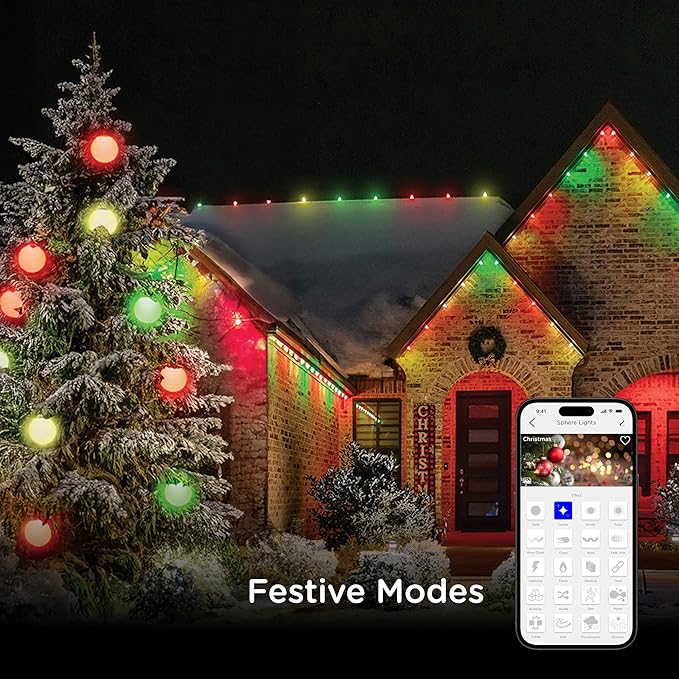 Enbrighten Vibe Sphere Outdoor String Lights, 57ft, 12 RGBWIC Bulbs, 6in Extra Large Spheres, Waterproof, Patio, Backyard, Gameday, Holiday, Smart App, Compatible with Alexa, Google Home, 85976