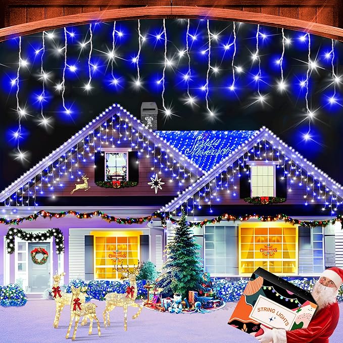 XURISEN 66ft Christmas Lights Decorations Outdoor, 640 LED 8 Modes Curtain Fairy Lights with 120 Drops,Plug in Waterproof Timer Memory Function for Christmas Holiday Wedding Party Decor(Blue+Cool)