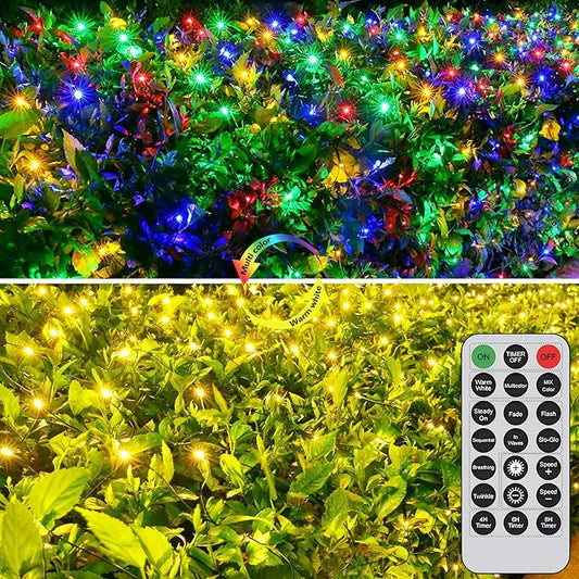 Joomer Color Changing Christmas Net Lights, 12ft x 5ft 360 Bush Mesh LED Lights Connectable, Timer, Waterproof for Bushes, Garden, Outdoor Christmas Decorations (Green Wire -Warm White to Multicolor)