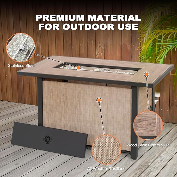 Nuu Garden 43 Propane Fire Pit Table, CSA-Listed Outdoor 50,000 BTU Gas with Lid and Glass Beads, 2-in-1 Rectangular for Outside Backyard Patio, Light Brown