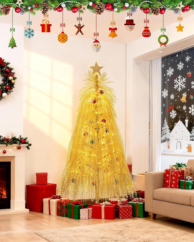 6.5ft Pre-Lit Artificial Christmas Tree, Christmas Tree with 180 LED Lights, 8 Lighting Modes, 2800 Tinsel Branches, Perfect for Indoor, Home, Party, Office, Apartment Decoration (Gold)
