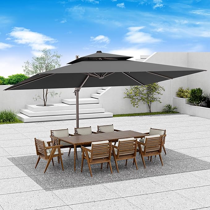 10x13 FT Patio Umbrella, Large Cantilever Rectangular Double Top Heavy Duty Offset Umbrellas with 360° Rotation, Outdoor shade for Garden Deck Pool Patio, Gray