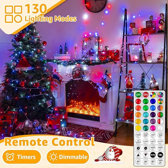 Ollny RGB Christmas Lights 200 LEDs 66 FT, 130 Modes Color Changing Connectable Christmas Lights with Remote, Timer & Waterproof, Indoor Clear Wire Xmas String Light for Outdoor House Decorations