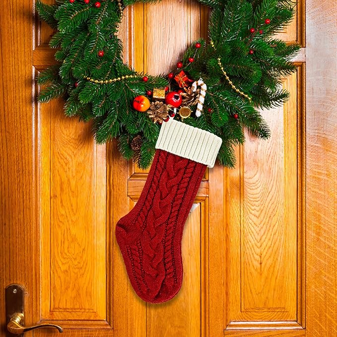 Personalized Christmas Stockings - 18 Inches Large Size Hanging Knitted Stockings for Fireplace, Christmas Tree and Family Holiday Decorations (Ivory/Burgundy, Pack of 2)