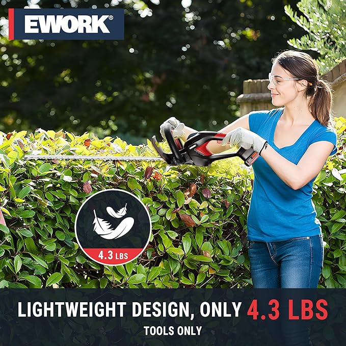 EWORK 20V 22-Inch Electric Hedge Trimmer Cordless 5/8 Cutting Capacity, Lightweight 4.3 Lbs, Battery Powered Bush Trimmer, Handheld Shrub Trimmers with Battery and Charger for Garden, Yard