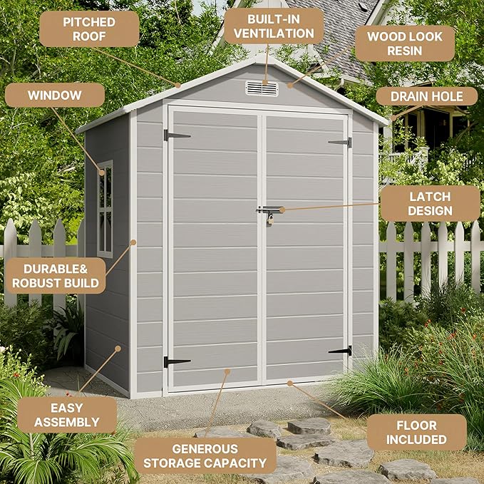 Gizoon 6x4.4 FT Outdoor Resin Storage Shed with Floor & Lockable Door - All-Weather Plastic Tool Shed, Double-Wall Design Perfect to Store Patio Furniture, Garden Equipment, Seasonal Items (Grey)