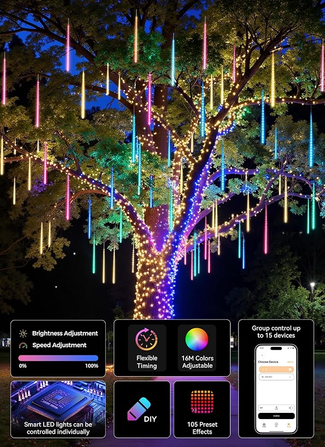 Smart Meteor Shower Lights Outdoor, 16Tube 256LED 24.6ft Color Changing Dripping Icicle Christmas Lights for Outdoor Outside, APP Controlled RGB Customize Display DIY Dynamic Lighting Effec