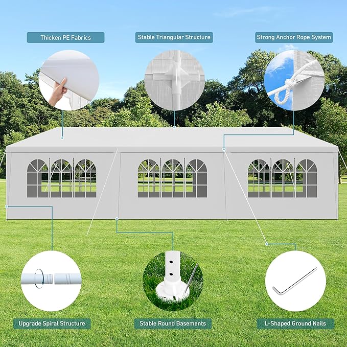10' x 30' Outdoor Party Canopy Tents with 8 Detachable Sidewalls, White Patio Gazebo Shade Event Shelter Tents with Transparent Windows for Party, Wedding, Birthday, Events, Gatherings, BBQ