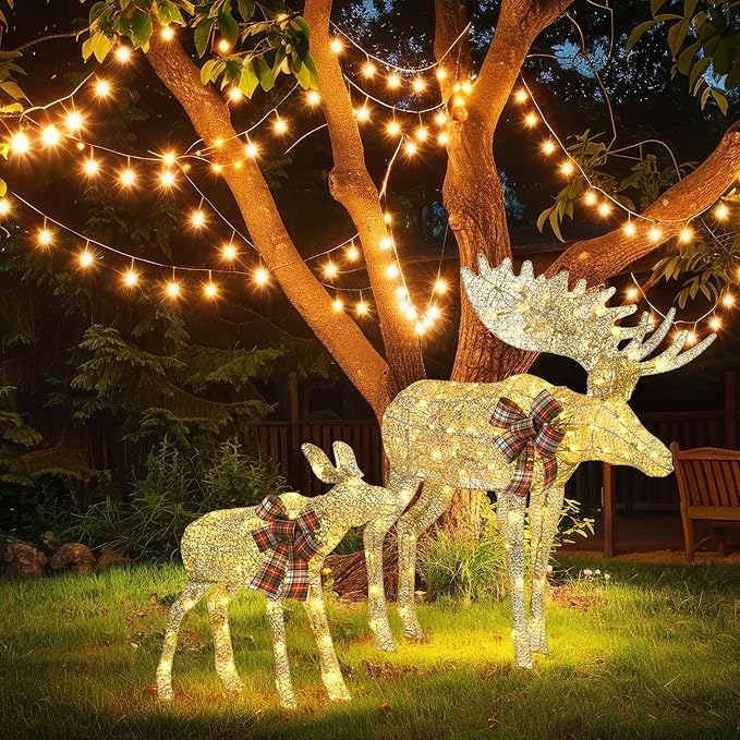 Outdoor Lighted Deer Christmas Decor, Moose & Fawn 2-Piece Set Xmas Holiday Decorations with 170 Warm White LEDs, Champagne Gold Twine, 3D Design, Ground Stakes, for Yards, Garden, Lawn