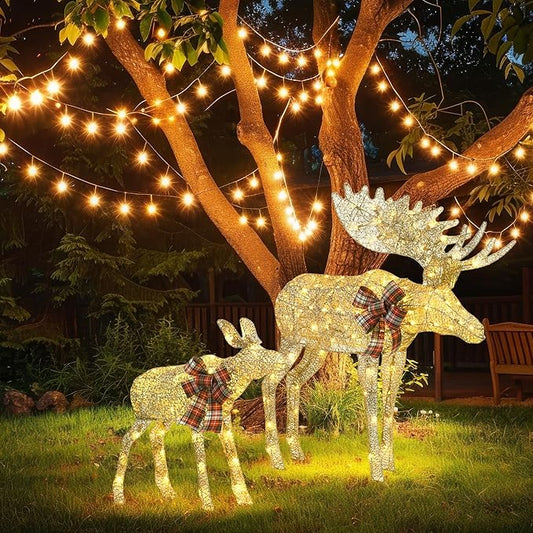 Outdoor Lighted Deer Christmas Decor, Moose & Fawn 2-Piece Set Xmas Holiday Decorations with 170 Warm White LEDs, Champagne Gold Twine, 3D Design, Ground Stakes, for Yards, Garden, Lawn