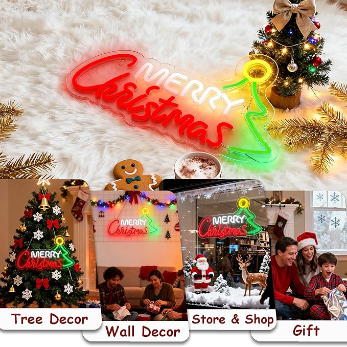 Merry Christmas Home Decor Neon Sign Led Neon Christmas Lights Ornaments Tree Decorations Outdoor Neon Signs for Wall Decor USB Powered Led Neon Signs for Room Decoration