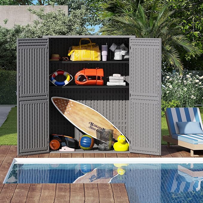 Vertical Resin Storage Shed with 2 Shelves, 60 Cuft Garden Tool Sheds & Outdoor Storage, Plastic Outdoor Storage Cabinet Waterproof, 4.5 x 2.3 ft Backyard Outside Lawn Mower Storage Shed, Grey