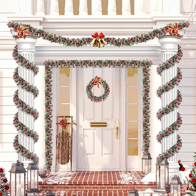 50FT Red Green Silver Christmas Tinsel Garland Metallic Twist Shiny Decorations for Christmas Tree Mantle Stair Indoor Outdoor Party Supplies