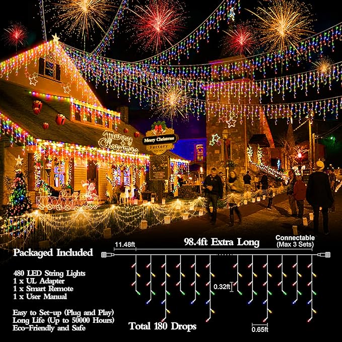 98FT 960 LED Christmas Lights, Waterproof 8 Modes Ice Lights for Outside with Memory and Timer Hanging Fairy Lights Plug-in Curtain String Lights for Holiday Party Wedding Home (Multicolor)