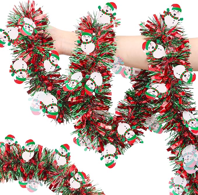 50FT Red Green Christmas Tinsel Garland with Snowman Ornaments, Metallic Xmas Christmas Tree Garland Decorations Indoor Outdoor for Home Fireplace Mantle Stair Office Classroom Party Holiday Decor