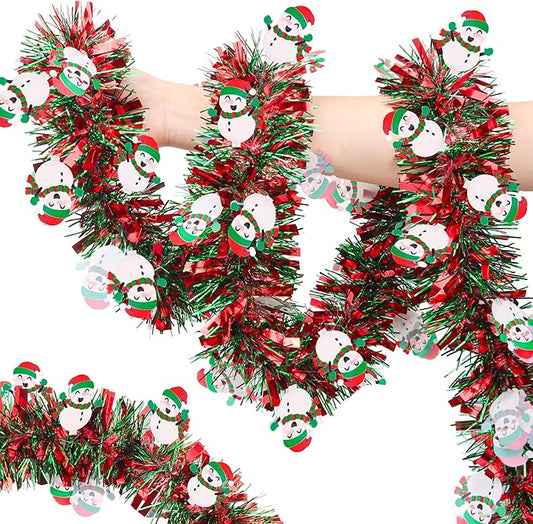 50FT Red Green Christmas Tinsel Garland with Snowman Ornaments, Metallic Xmas Christmas Tree Garland Decorations Indoor Outdoor for Home Fireplace Mantle Stair Office Classroom Party Holiday Decor