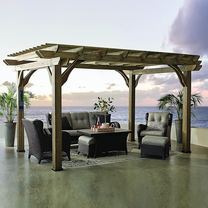 Backyard Discovery Somerville 14' x 10' Cedar Wood Pergola Kit with Trellis Roof, All-Season Durability, High-Wind Rating, PowerPort, Shade for Outdoor Patio, Deck, Garden, and Entertaining