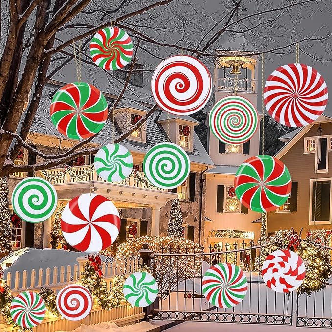 12 Pcs 12 Inch/10 Inch Large Christmas Decorations Outdoor Double Sided Christmas Yard Hanging Ornaments Holiday Porch Lawn Candy Hanging Decorations for Xmas Tree Porch Yard Decor