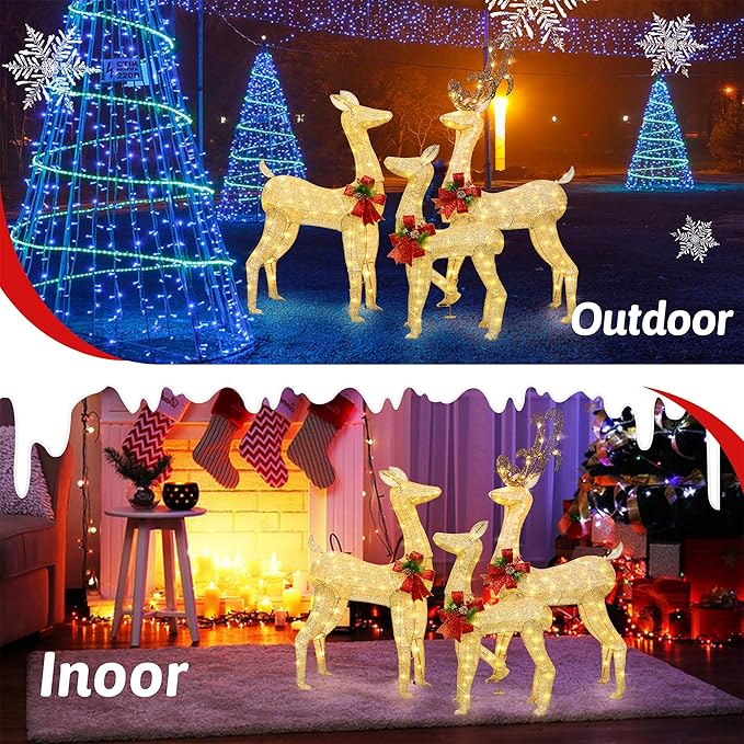 5Ft 3-Piece LED Lighted Christmas Deer Family Outdoor Yard Decorations,3D Super Large Christmas Reindeer Decor,Outdoor Lighted Holiday Deer with 360 LED Displays for Patio,Lawn & Garden-Gold
