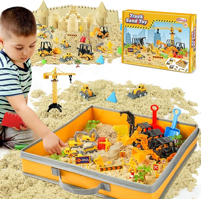 Sand Construction Kit with Big Foldable Sandbox and 2.2lbs Moldable Sensory Play Sand, Truck Toys Including Castle Molds and Other Accessories - 36Pc Set for Kids 3+