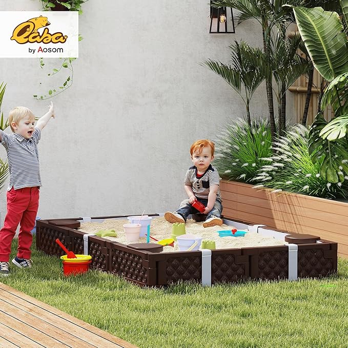 Qaba Kids Sandbox with Cover, Rectangular 73 HDPE Large Sand Pit with 4 Seats, Waterproof Bottom Liner, Weather Resistant Outdoor Sand Box for Backyard, Lawn, Garden, Beach, Patio, Brown