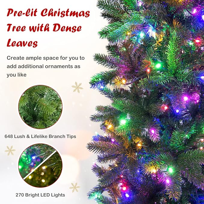 GOFLAME 6ft Pre-lit Pencil Christmas Tree, Artificial Christmas Tree with 270 LED Lights, 10 Light Modes, 648 Branch Tips, Metal Stand, Hinged Xmas Tree for Holiday Festival Decor