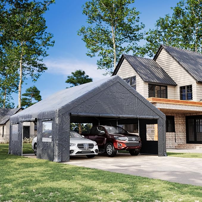 20x20ft Heavy Duty Carport, Canopy with Roll-up Ventilated Windows & Side Door All Weather, Easy Assembly Portable Car Shelter for Garage/Storage/Party