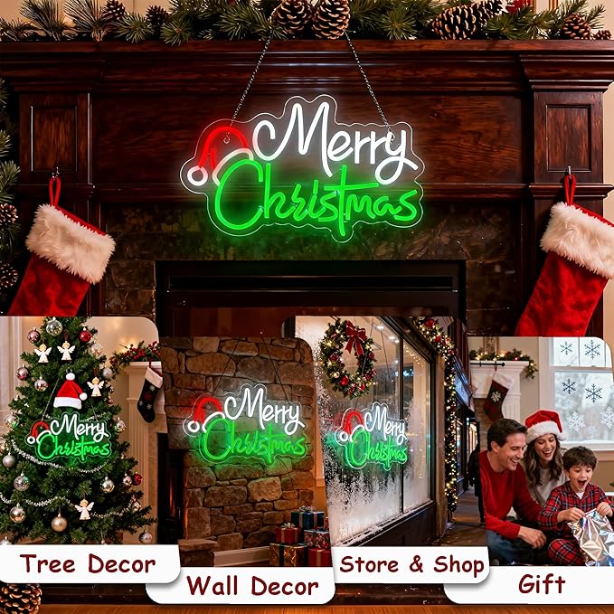 Merry Christmas Home Decor Santa Hat Neon Sign Led Neon Christmas Lights Ornaments Tree Decorations Outdoor Neon Signs for Wall Decor USB Powered Led Neon Signs for Room Decoration