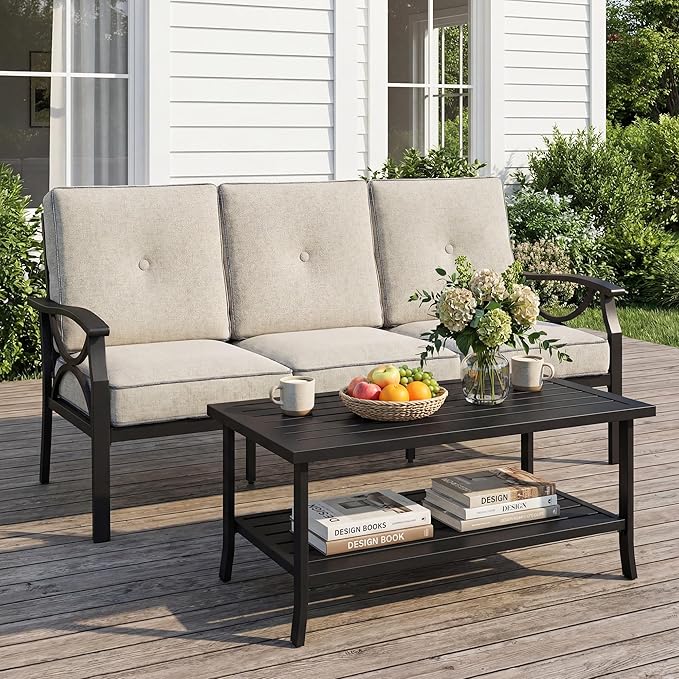 3 Seats Outdoor Patio Furniture Set, Outdoor Metal Sectional Furniture with Cushions, Outdoor Conversation Set with Coffee Table for Garden, Deck, Balcony, Backyard, Black