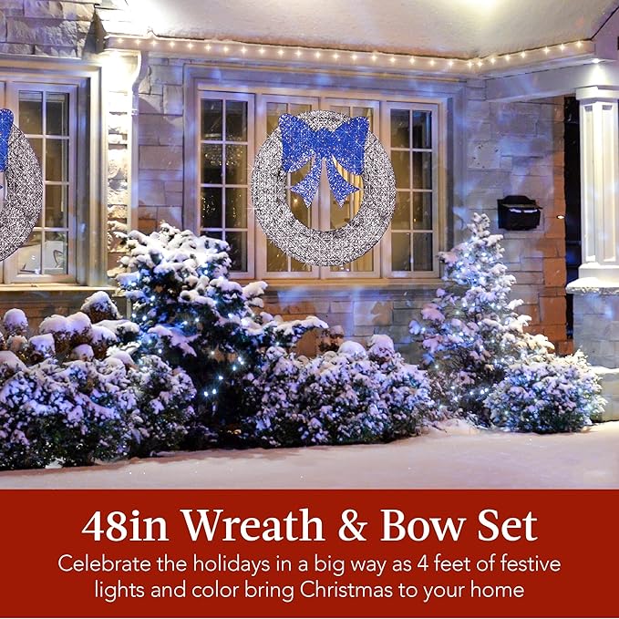 Best Choice Products 48in Pre-Lit Outdoor Christmas Wreath Decoration, LED Metal Holiday Decor for Home w/ 140 Lights, Bow - Hanukkah Silver/Blue