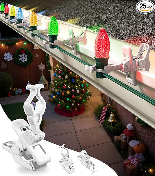 C7 C9 Christmas Lights Clips, 25 Count Holiday Lights Quick Spring Clips, Shatterproof Shingle and Gutter Clips for E12, E17 Socket, Rope Lights Roofline Fence Railing Mantel Christmas Trees, White