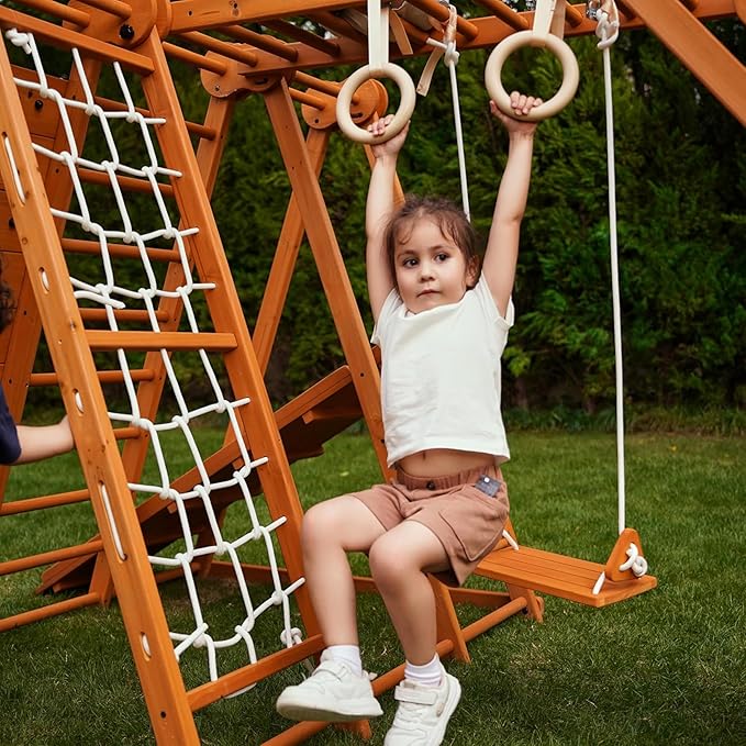 Avenlur 8-in-1 Small Indoor/Outdoor Playset ? Foldable Wooden Kids Play Set for Backyard ? Kid Playground for Toddlers Age 2?6 with Slide, Monkey Bars, 2 Ladders, 2 Swings, Rock Climbing, Gym Rings