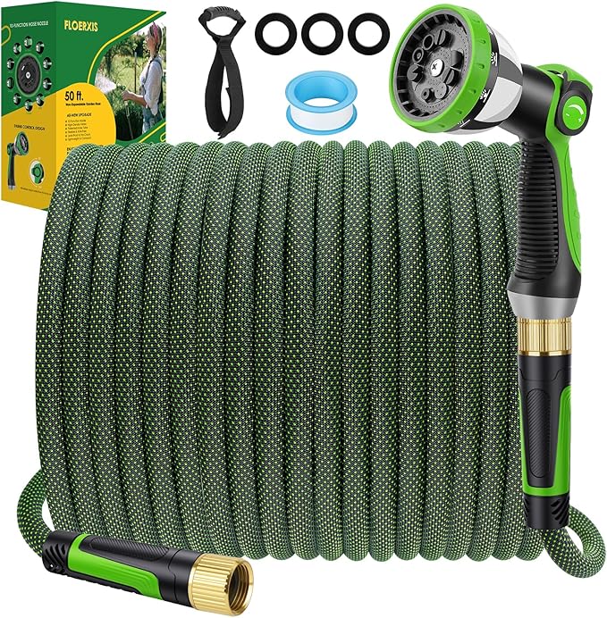 Non-Expandable Garden Hose 50 FT, Lightweight Hose with 10 Function Spray Nozzle, Kink-Free Flexible Water Hose, Durable, Leak-Proof, 360¡Æ Swivel Connectors, Portable Storage Strap