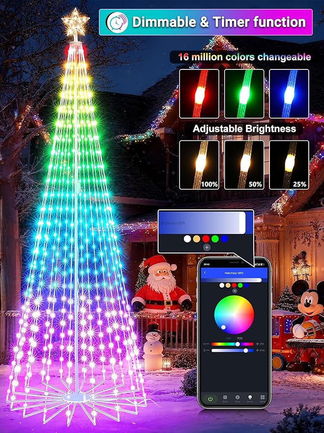 Flacchi Smart Christmas outdoor Tree Lights - 8.8FT Star Tree Topper with Removable Bracket, App Control, Sync with Music, Waterfall Colored Lights for Holiday Outdoor Decorations (8.8FT/ Rope Lights)