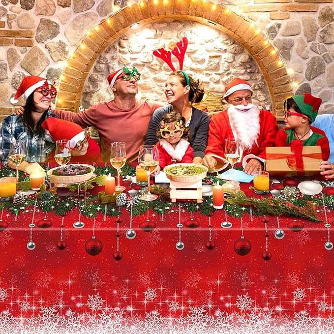 Jectivs 3Pieces Merry Christmas Tablecloth Plastic Christmas Tree Ball Table Cover Rectangle Winter Snowflake Tablecloth for Merry Christmas Holiday New Year Eve Party Decorations Supplies,54x108inch